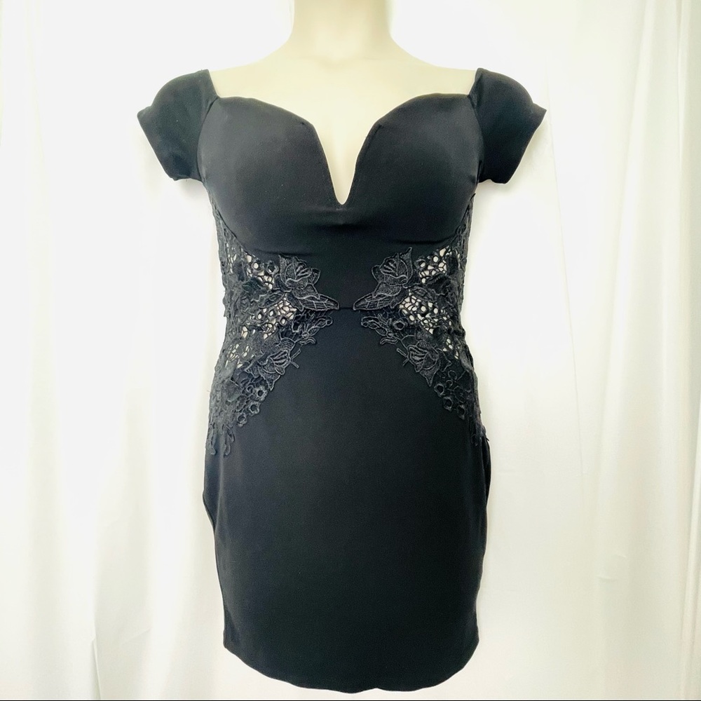 Black Cap Sleeve Bodycon Mini Dress with Side Lace Cut Outs